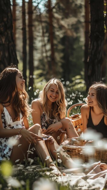 Photo young women enjoying picnic in sunlit forest friends laughing relaxing with basket and nature