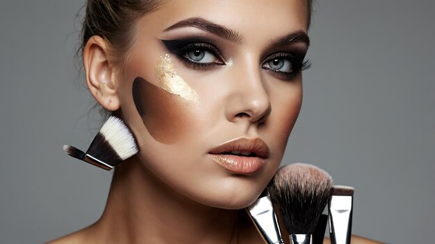 Photo young women face with makeup tools close up