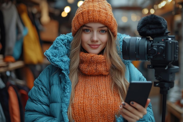 Photo young women fashion bloggers boosting small business sales through video streaming and smartphone