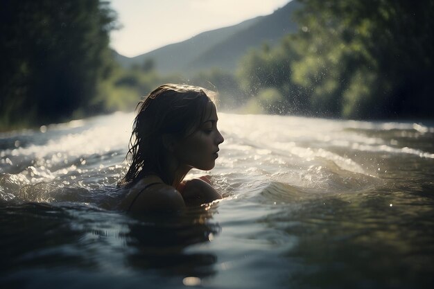 Young women female teen is bathing in forest jungle healthy hygiene world water day concept natural