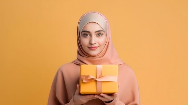 A young women in Hijab holding a gift box in her hands