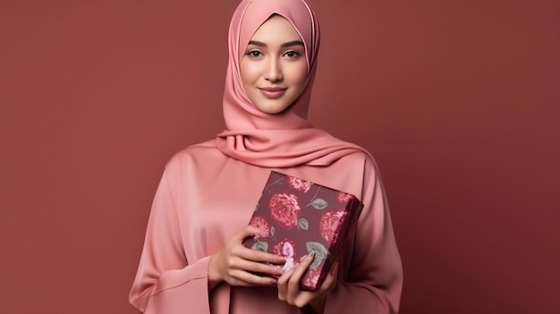 A young women in Hijab holding a gift box in her hands