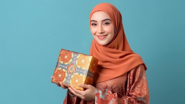 A young women in Hijab holding a gift box in her hands