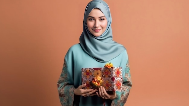 A young women in Hijab holding a gift box in her hands