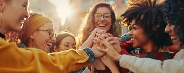 Young women laughing and forming a huddle outdoors joining hands in unity