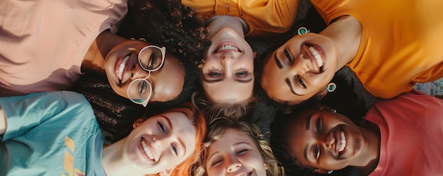 Young women lying on the ground in a circle heads together and smiling