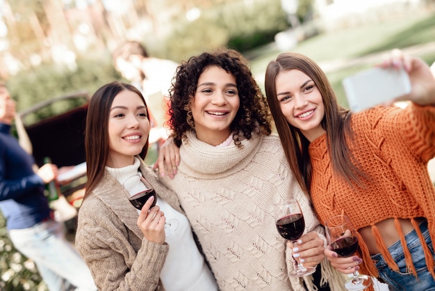 Young women make selfie during a picnic with friends.