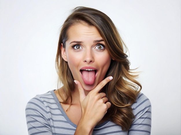 A young women making a funny face with her tongue out and hand on her chin