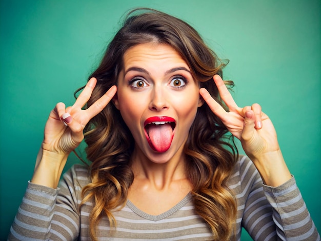 A young women making a playful face with her tongue out and fingers crossed