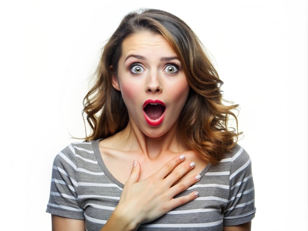 A young women making a surprised expression with her tongue out and hand on her chest