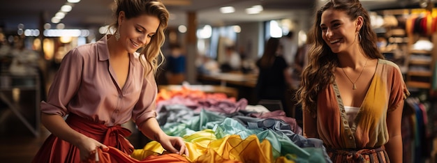 Young women in a shopping center choose clothes