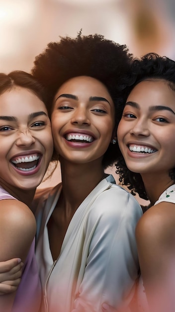 Young women smiling looking at camera radiating happiness and confidence generated by artificial in