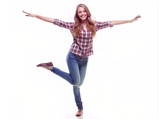 A young women standing on one foot arms out for balance smiling