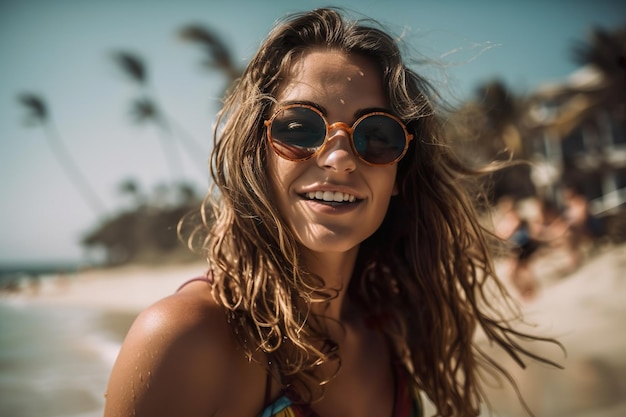 Young women swimming at the sea beach and playing in sea water on tropical beach Happy summer vacation lifestyle on beach holiday Generate Ai