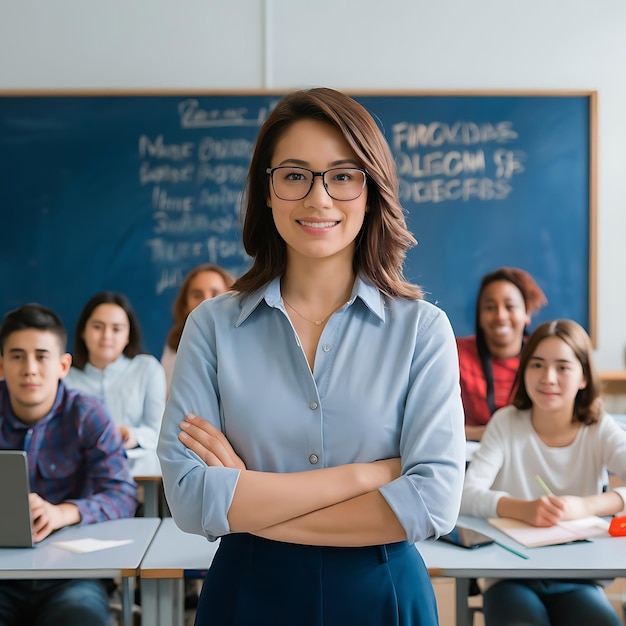 Photo a young women teacher stand up front to student