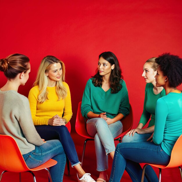 Photo young women telling their stories in therapy session or support group meeting