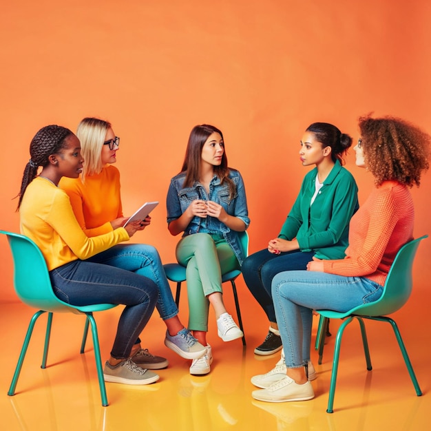 Photo young women telling their stories in therapy session or support group meeting