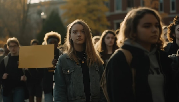 Young women walking smiling in city crowd generated by AI