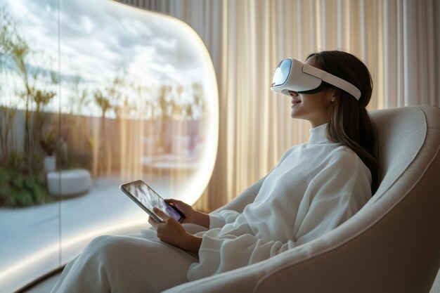 Photo young women watching vr movies and tv shows indoors