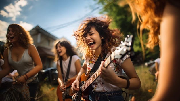 Young Women with friends Enjoying an Outdoor Concert in Afternoon Light