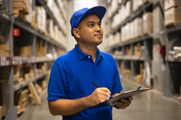 Young worker in blue uniform checklist manage parcel box product in warehouse. Asian man employee holding clipboard working at store industry. Logistic import export concept.