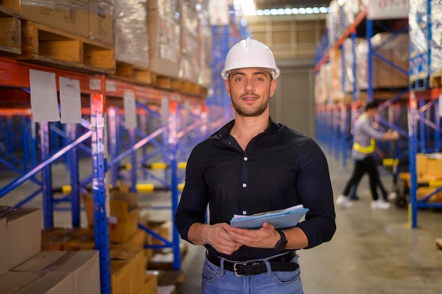 Young worker wearing helmet checking inventory and counting product on shelf in modern warehouse