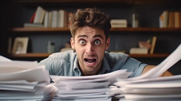 Young worried man tearing paperwork while looking angry GENERATE AI