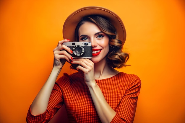 Young wowan holding retro photo camera on orange background