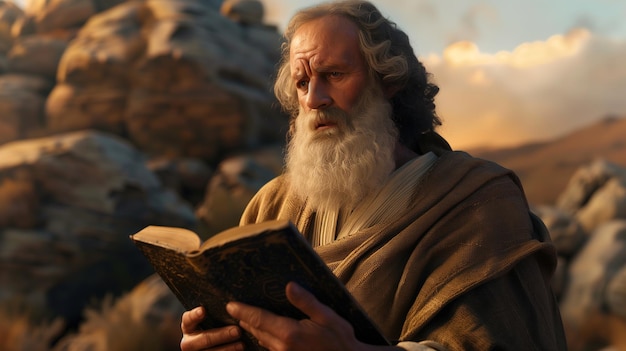 Photo younger moses reading near rocky landscape