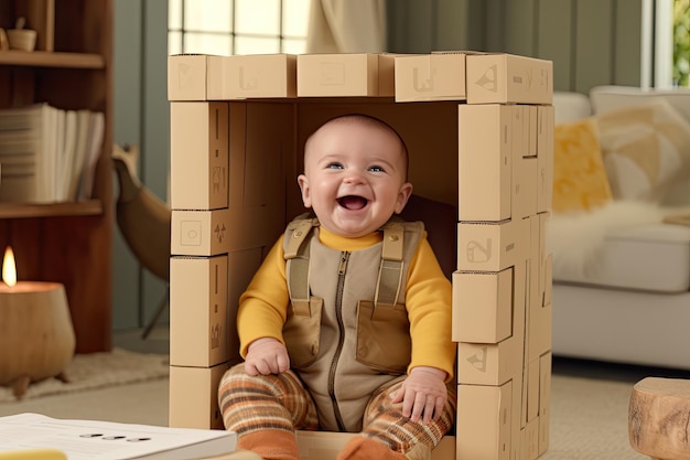 Youngster keeping warm in the cold while playing with a box fashioned like a camera made using gen