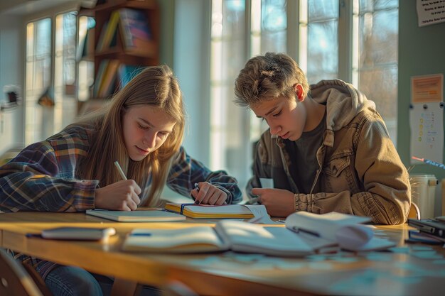 Photo youngsters studying together at one table