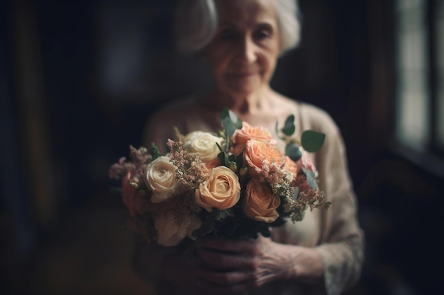 Your mother holding a bouquet of flowers bokeh Generative AI