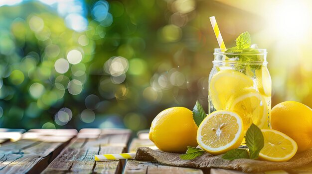 For your refreshing organic lemon drink on vintage wooden table with blur background for health