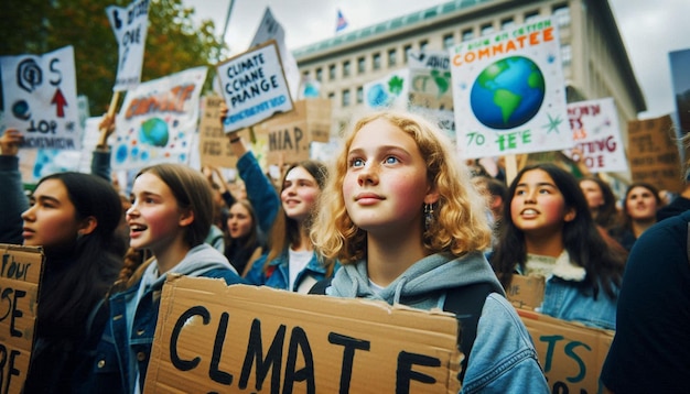 Photo youth activists in climate change protest showcasing passion and determination for action