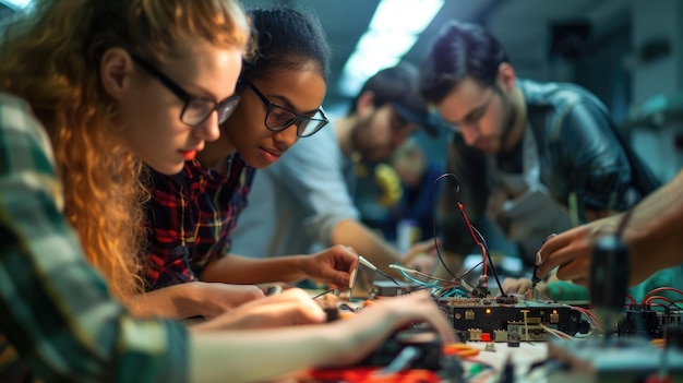 Photo youth engineering students working on electronics aig