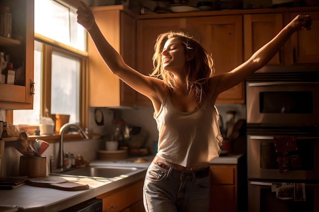 Youthful Energy Cheerful Girl Dancing in Modern Kitchen