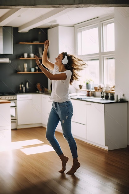 Youthful Energy Cheerful Girl Dancing in Modern Kitchen