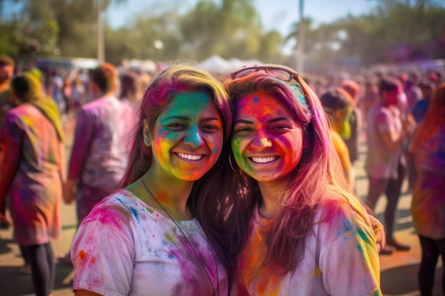 Youthful festival goers flinging colorful powders in the air during the vibrant Holi celebration