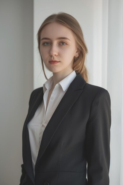 Photo youthful lady dressed in a formal suit generative ai