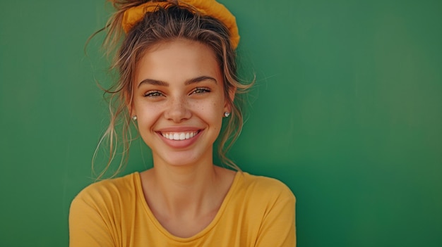 Photo a youthful lady wearing a bright yellow sweater and sporting a carefree updo radiates warmth and joyxaxaxa