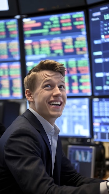 Photo youthful prosperous and cheerful businessman monitoring the stock market looking good and banking i