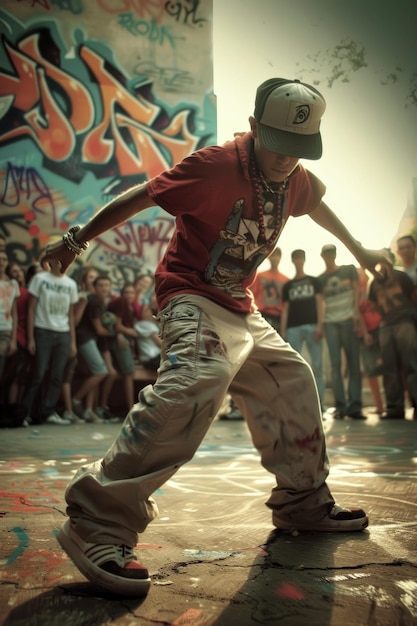 Photo youthful urban hip hop dance battle in a graffitiadorned street setting with crowded spectators