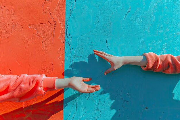 Photo youthful and vibrant hands in bright colors reaching out from trendy blue and coral portals space fo