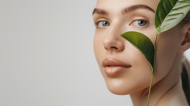 Photo youthful woman with leaf natural skin care beauty concept