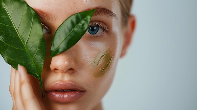 Photo youthful woman with leaf natural skin care beauty concept