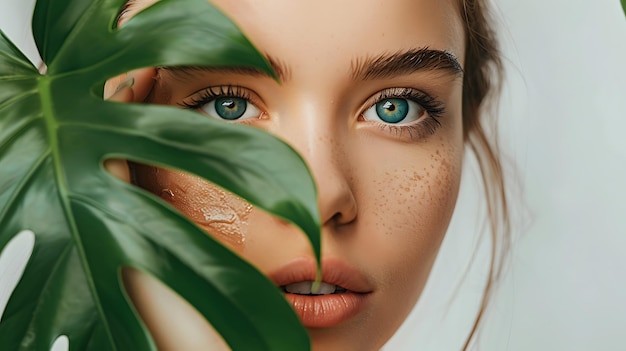 Photo youthful woman with leaf natural skin care beauty concept