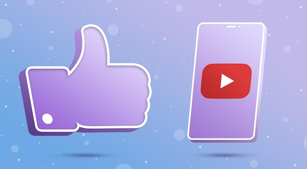 Youtube logo on smartphone with thumbs up like icon 3d