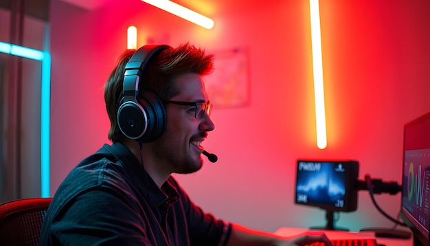 A youtuber live streaming wearing headphone with neon lighting environment isolated with white