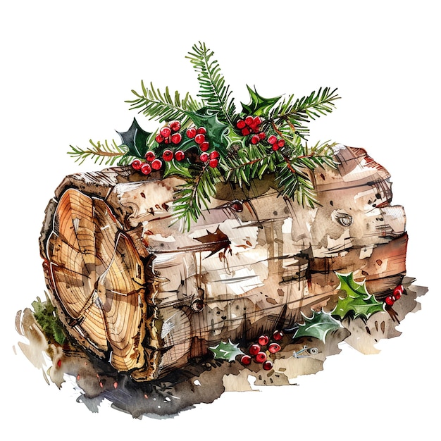 Yule Log watercolor winter christmas