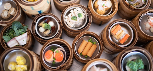 Yumcha, dim sum in bamboo steamer, chinese cuisine